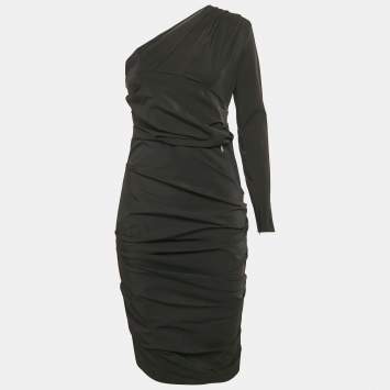 Pre Owned Elisabetta Franchi Black Nylon Draped One-Shoulder Midi Dress M