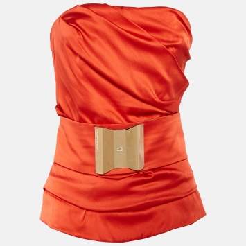 Pre Owned Elisabetta Franchi Red Silk Pleated Strapless Top M