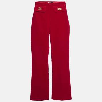 Pre Owned Elisabetta Franchi Red Velvet Boot-Cut Leg Trousers S