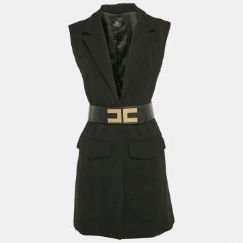 Pre Owned Elisabetta Franchi Black Belted Sleeveless Coat S