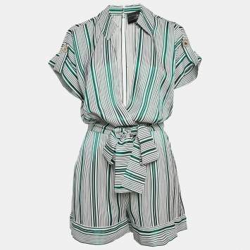 Elisabetta Franchi Green Stripe Crepe Belted Playsuit S