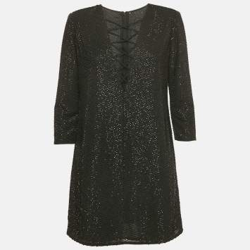 Pre Owned Elisabetta Franchi Black Beaded Chiffon Lace-Up Mini Dress L