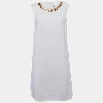 Pre Owned Elisabetta Franchi Off-White Crepe Neck Embellished Sleeveless Mini Dress M