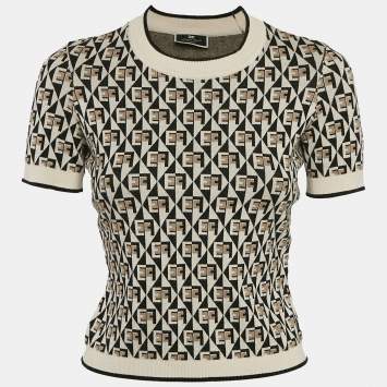 Pre Owned Elisabetta Franchi Brown Monogram Knit Crewneck Sweater M