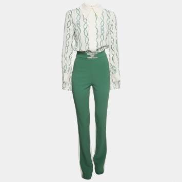 Pre Owned Elisabetta Franchi Green/Cream Printed Crepe Jumpsuit S