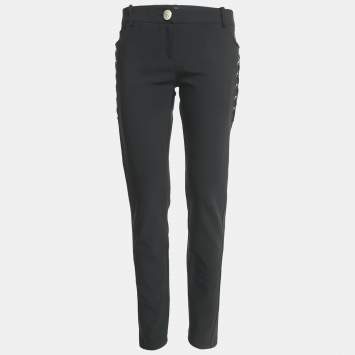 Pre Owned Elisabetta Franchi Black Crepe Lace-Up Skinny Pants L