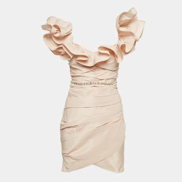 Pre Owned Elisabetta Franchi Pink Ottoman Taffeta Ruffled Off-Shoulder Mini Dress M