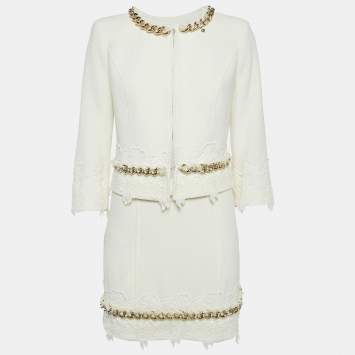 Pre Owned Elisabetta Franchi White Chain Detail Tweed Jacket and Skirt Set M
