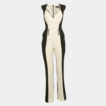 Elisabetta Franchi Black/Cream Crepe Button Embellished Jumpsuit S