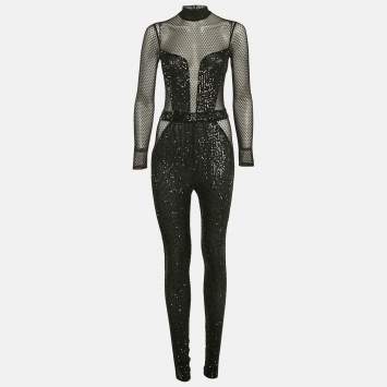 Pre Owned Elisabetta Franchi Black Mesh and Sequin Sheer Jumpsuit S
