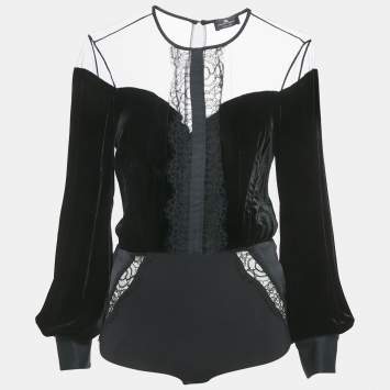 Pre Owned Elisabetta Franchi Black Velvet Lace Trimmed Bodysuit Top M
