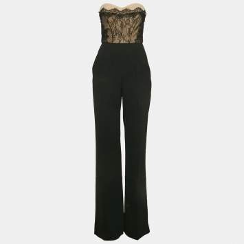 Elisabetta Franchi Black Crepe Lace Overlay Detail Strapless Jumpsuit M