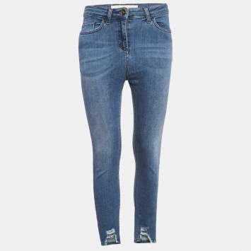 Pre Owned Elisabetta Franchi Blue Ripped Hem Denim Skinny Jeans S Waist 27"