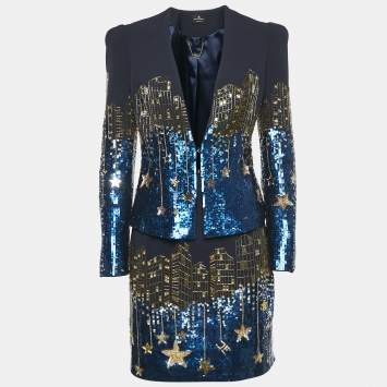 Pre Owned Elisabetta Franchi Navy Blue Embellished Blazer & Mini Skirt Set M