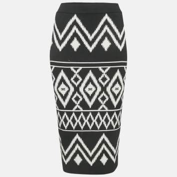 Elisabetta Franchi Black Tribal Intarsia Stretch Knit Midi Skirt L