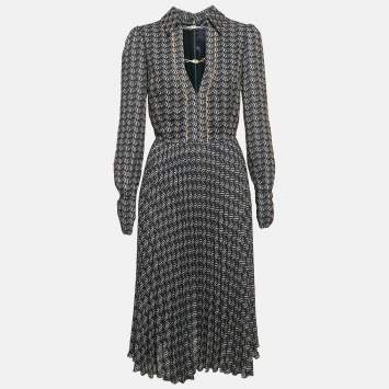 Pre Owned Elisabetta Franchi Navy Blue Printed Crepe Plisse Midi Dress M