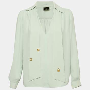 Pre Owned Elisabetta Franchi Blue Crepe Neck-Tie Detail Top M