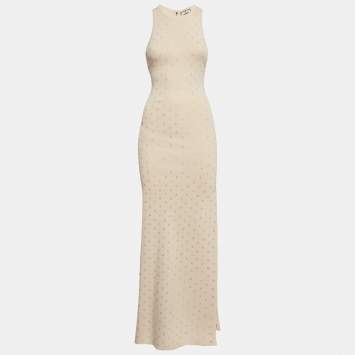 Elisabetta Franchi Cream Logo Embellished Knit Sleeveless Long Dress S