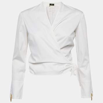Pre Owned Elisabetta Franchi White Synthetic Wrap Shirt Blouse M