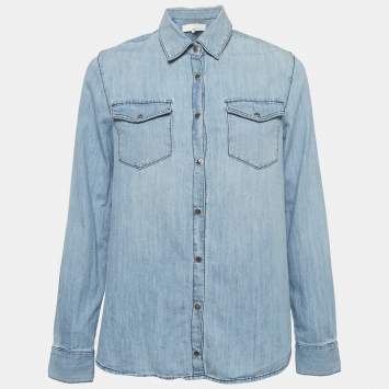 Elisabetta Franchi Jeans Blue Denim & White Chiffon Button Front Shirt S