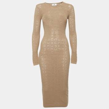 Elisabetta Franchi Brown Monogram Stretch Knit Bodycon Dress S
