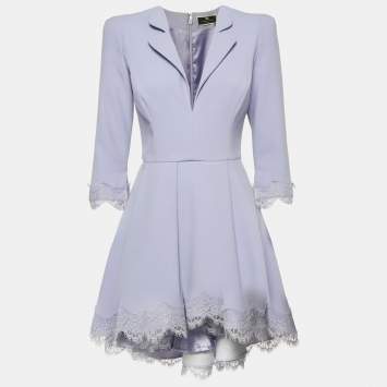 Elisabetta Franchi Lavender Crepe Lace Trim Flared Mini Dress M