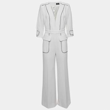 Elisabetta Franchi White Crepe Contrast Trimmed Jumpsuit M