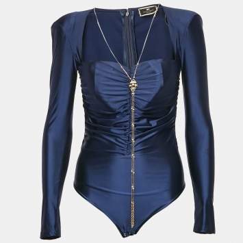 Pre Owned Elisabetta Franchi Navy Blue Chain Detail Jersey Ruche Bodysuit M