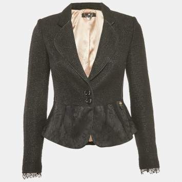 Elisabetta Franchi Black Tweed Button Front Lace Detail Jacket S