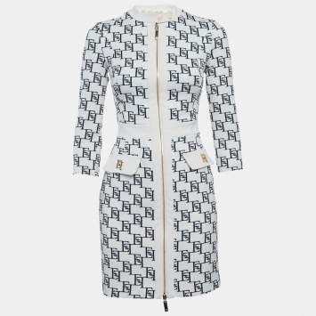 Pre Owned Elisabetta Franchi Cream Logo Print Stretch Crepe Bodycon Dress S