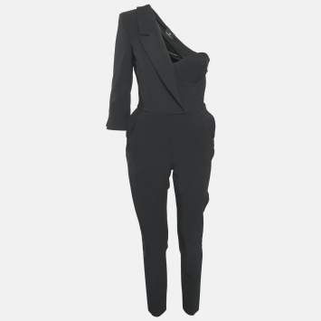 Elisabetta Franchi Black Crepe Corset Inset One Shoulder Jumpsuit M