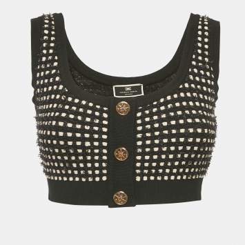 Elisabetta Franchi Black Stretch Tweed Crop Top S