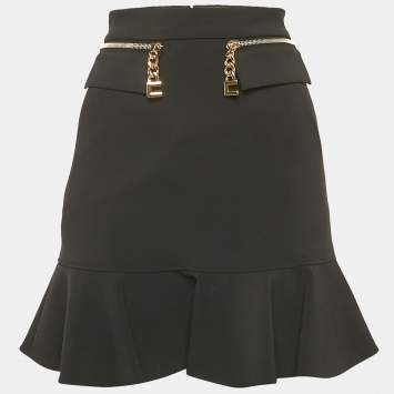 Elisabetta Franchi Black Zipper Detail Crepe Flounce Mini Skirt S