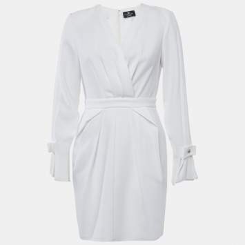 Pre Owned Elisabetta Franchi White Crepe Pleated Detail Mini Dress M