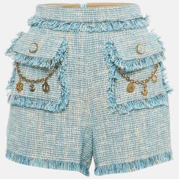 Elisabetta Franchi Blue Cotton Fringed Chain Detail Shorts M