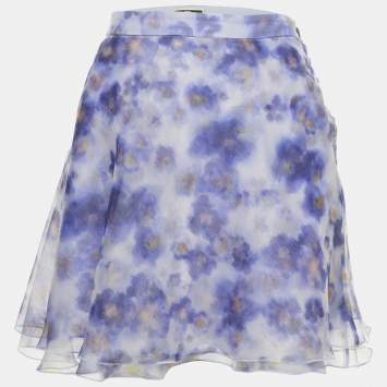 Pre Owned Elisabetta Franchi Purple Floral Printed Organze Tiered Mini Skirt M