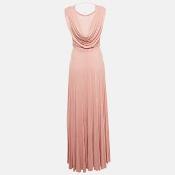 Elisabetta Franchi Rose Pink Lurex Knit Pleated Maxi Dress S