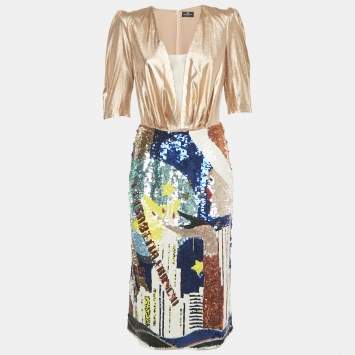 Elisabetta Franchi Metallic Crepe & Sequin Bodysuit and Skirt Set M