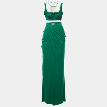 Elisabetta Franchi Green Velvet Top and Skirt Set M