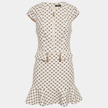 Elisabetta Franchi Cream Logo Print Crepe Sleeveless Mini Dress M 