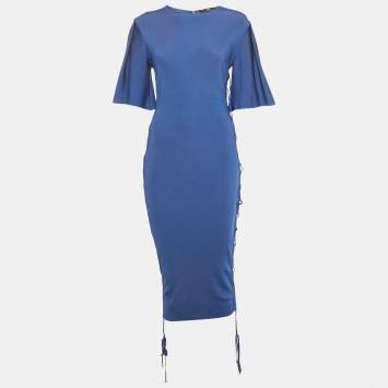 Pre Owned Elisabetta Franchi Blue Jersey Lace Up Detail Bodycon Dress M