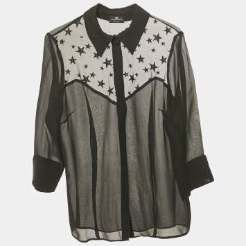 Pre Owned Elisabetta Franchi Black Tulle Trim Chiffon Shirt M