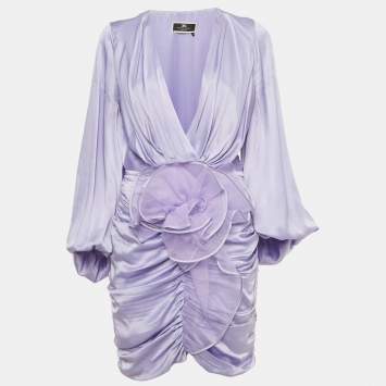 Pre Owned Elisabetta Franchi Purple Satin Ruched Mini Dress M