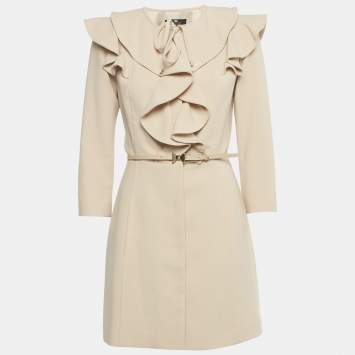 Pre Owned Elisabetta Franchi Beige Ruffled Mini Coat Dress M