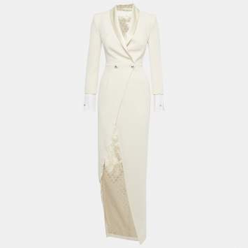 Pre Owned Elisabetta Franchi Cream Crepe Double Breasted Asymmetric Long Coat S