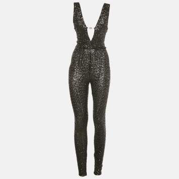 Pre Owned Elisabetta Franchi Black Sequins Plunge Neck Body Fitted Jumpsuit S  