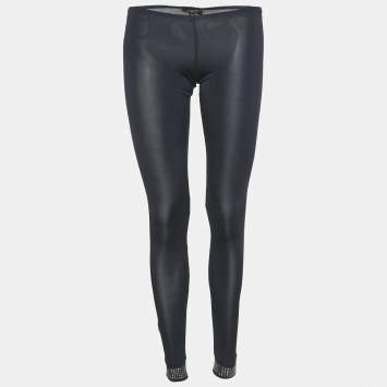 Pre Owned Elisabetta Franchi Navy Blue Jersey Studded Hem Leggings M 