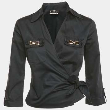 Pre Owned Elisabetta Franchi Black Cotton Buckle Detail Wrap Around Top M