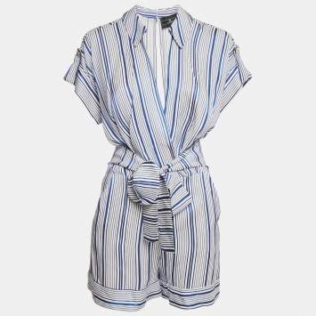 Pre Owned Elisabetta Franchi Blue Stripe Crepe Belted Playsuit S