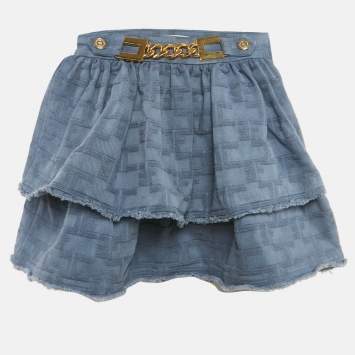 Pre Owned Elisabetta Franchi Blue Logo Pattered Cotton Layered Mini Skirt S  